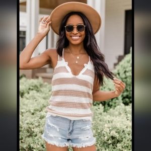 Pink Lily Striped Knit Tank Top in Cream and Tan